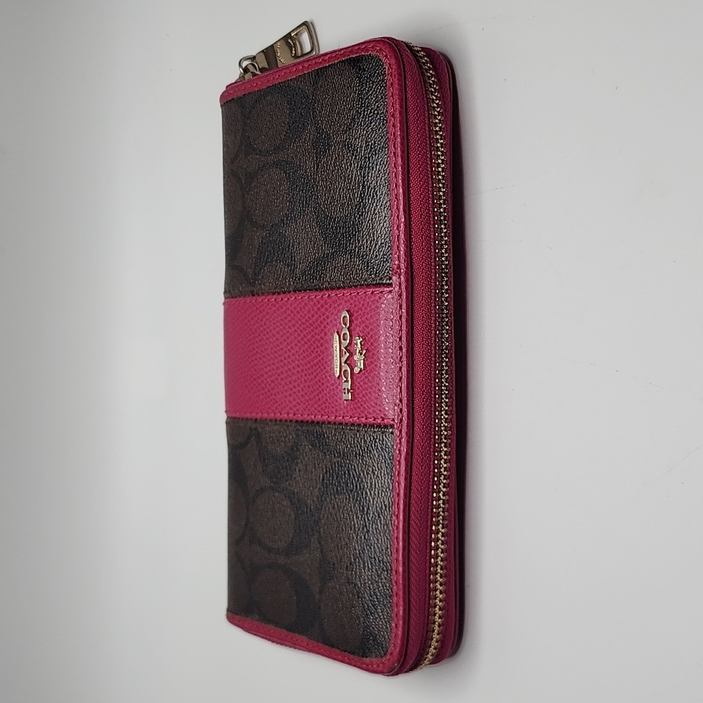Coach Signature PVC/Leather Accordian Zip Wallet Brown and Pink - Picture 9 of 13